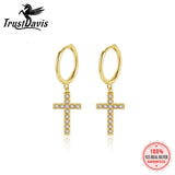 TrustDavis Silver Cross CZ Charm Hoop Earrings Fine Jewelry