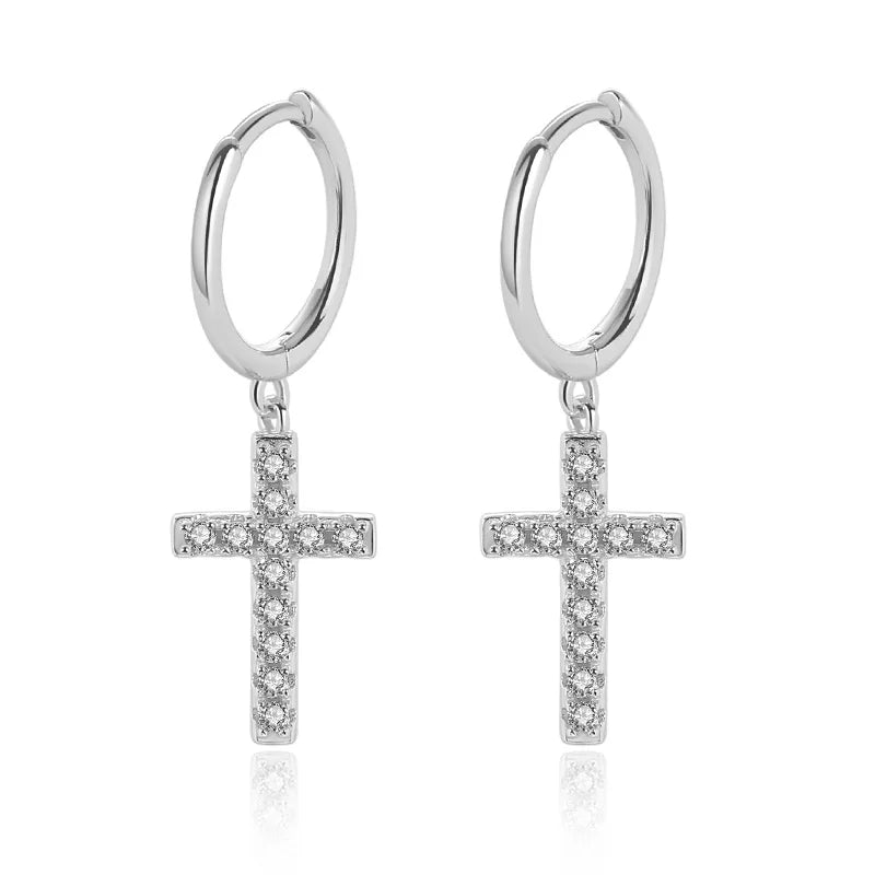 TrustDavis Silver Cross CZ Charm Hoop Earrings Fine Jewelry