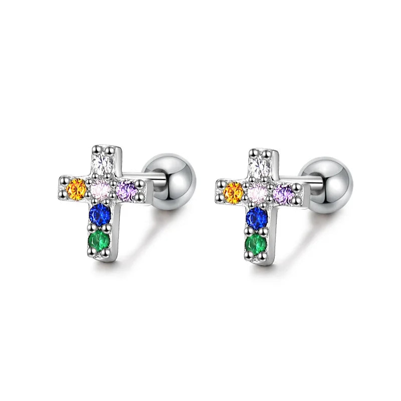 TrustDavis Sterling Silver Cross Moon CZ Stud Earrings