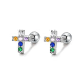 TrustDavis Sterling Silver Cross Moon CZ Stud Earrings