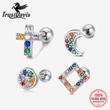 TrustDavis Sterling Silver Cross Moon CZ Stud Earrings