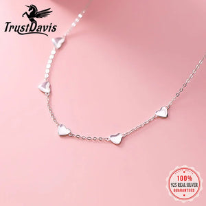 TrustDavis 925 Sterling Silver Heart Choker Necklace Link Chain Romantic Charm