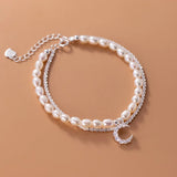 TrustDavis Double Layer Pearl Moon Chain Bracelet