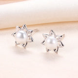 TrustDavis 925 Silver Flower Pearl Stud Earrings ES002