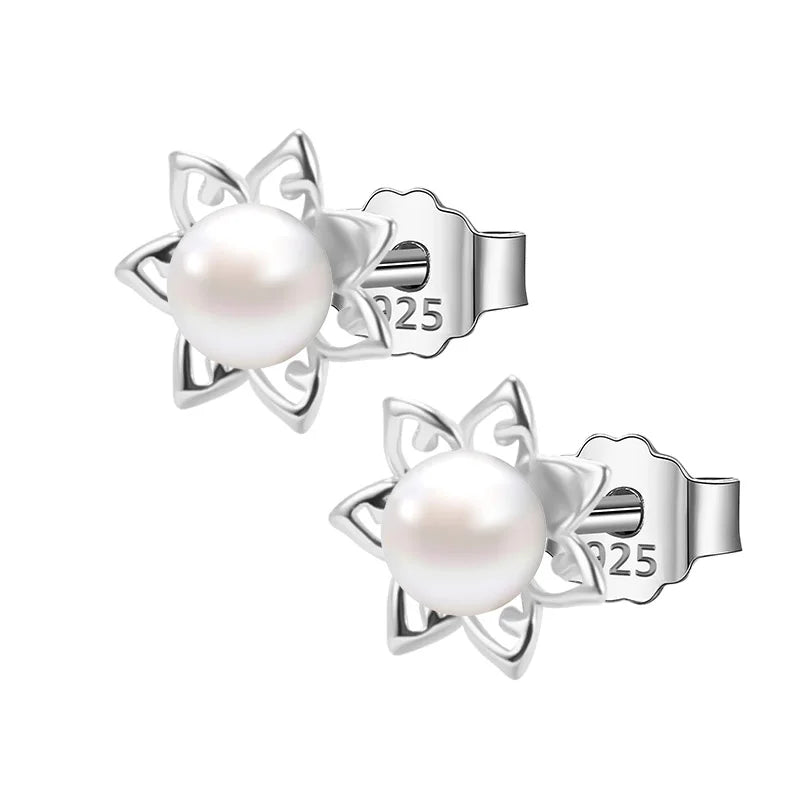 TrustDavis 925 Silver Flower Pearl Stud Earrings ES002