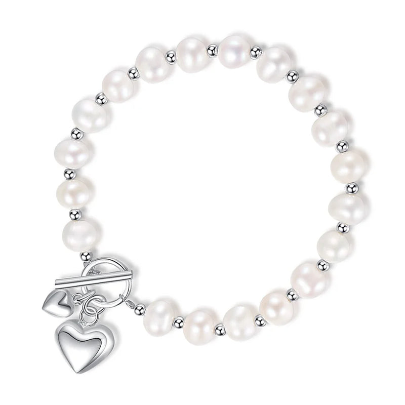 TrustDavis 925 Silver Freshwater Pearl Heart Bracelet Wedding Jewelry