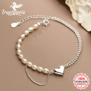 TrustDavis 925 Sterling Silver Pearls Heart Chain Anklets for Women
