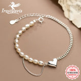 TrustDavis 925 Sterling Silver Pearls Heart Chain Anklets for Women