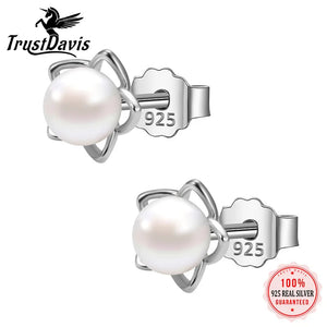 TrustDavis Rose Flower Pearl Stud Earrings - Birthday Gift