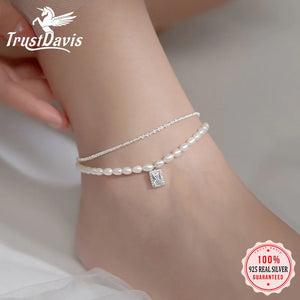 TrustDavis Sweet Double Layer Pearl Chain Anklets For Women