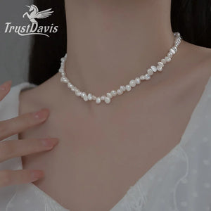 TrustDavis 925 Silver Pearl Choker Necklace Wedding Jewelry