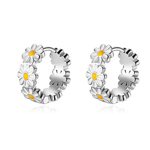 925 Sterling Silver Glaze Daisy Flower Charm Hoop Earrings Wedding Jewelry