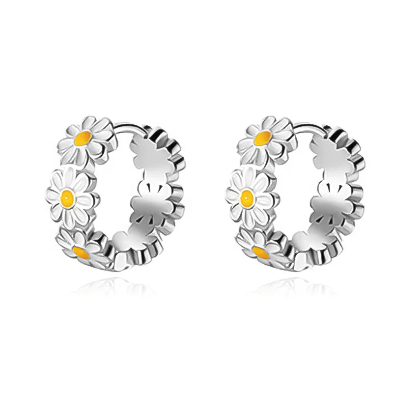 925 Sterling Silver Glaze Daisy Flower Charm Hoop Earrings Wedding Jewelry