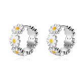 925 Sterling Silver Glaze Daisy Flower Charm Hoop Earrings Wedding Jewelry