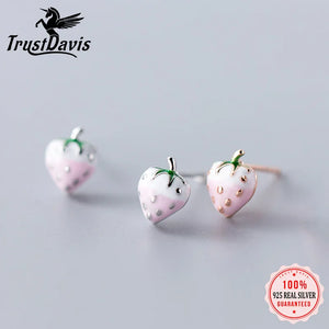 TrustDavis 925 Sterling Silver Pink Strawberry Stud Earrings For Women
