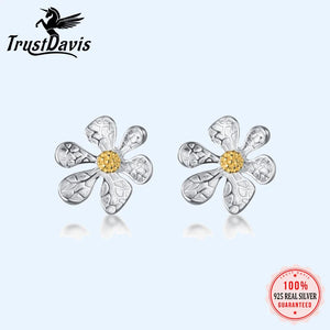 TrustDavis 925 Sterling Silver Flower Charm Stud Earrings Women Wedding