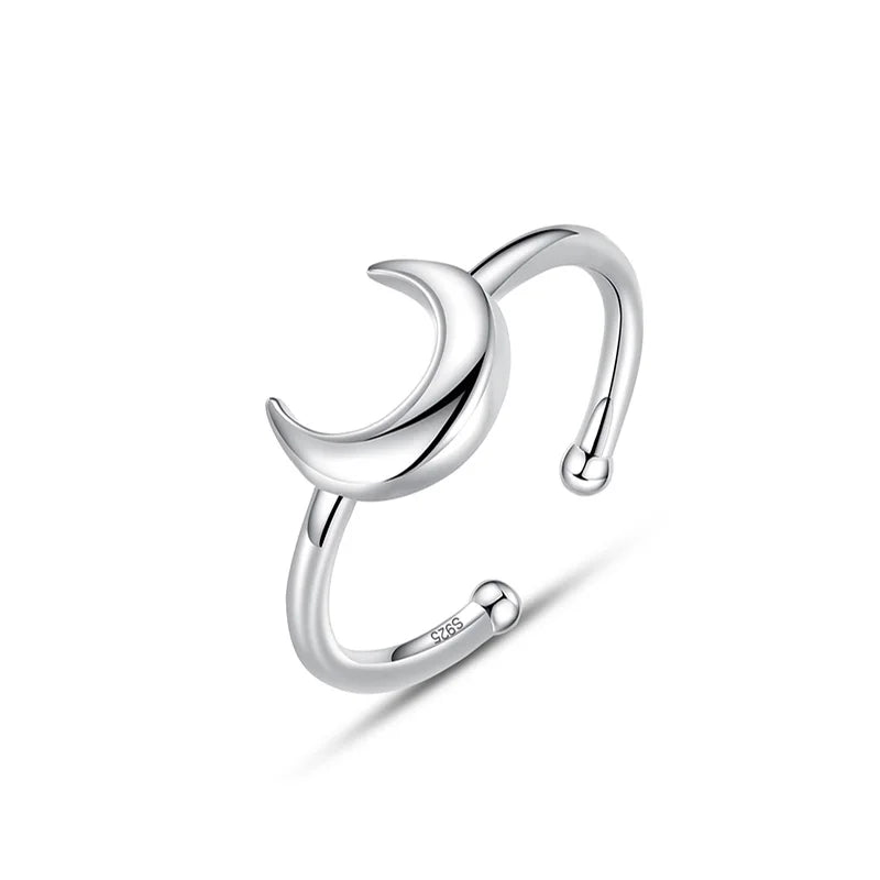 925 Sterling Silver Moon Cocktail Ring Opening Sizable Girls Xmas Gift