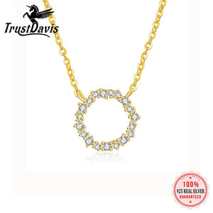 TrustDavis 925 Silver 14K Diamond Circle Necklace for Women