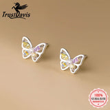 TrustDavis 925 Silver CZ Butterfly Stud Earrings For Daughter Girls