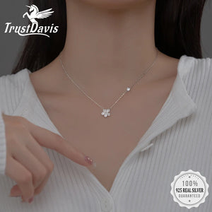 TrustDavis 925 Sterling Silver Flower CZ Necklace Wedding Jewelry