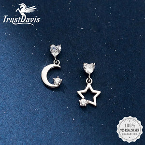 TrustDavis 925 Silver CZ Stud Earrings Asymmetric Moon Star For Daughter