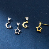 TrustDavis 925 Silver CZ Stud Earrings Asymmetric Moon Star For Daughter