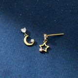 TrustDavis 925 Silver CZ Stud Earrings Asymmetric Moon Star For Daughter