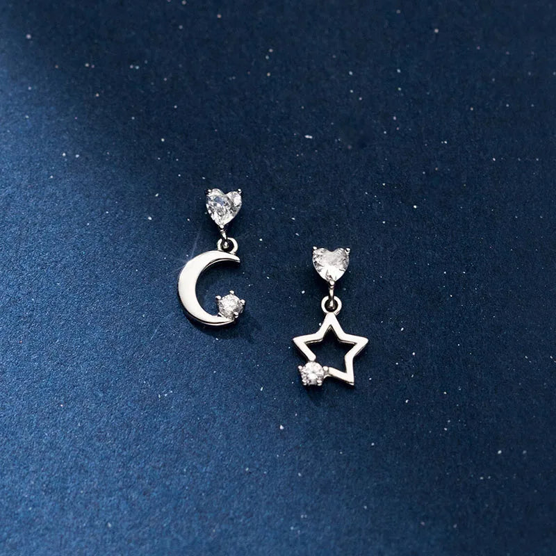 TrustDavis 925 Silver CZ Stud Earrings Asymmetric Moon Star For Daughter