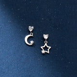 TrustDavis 925 Silver CZ Stud Earrings Asymmetric Moon Star For Daughter