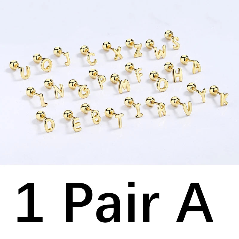 925 Sterling Silver Letter Screw Beads Stud Earring Minimalist Jewelry