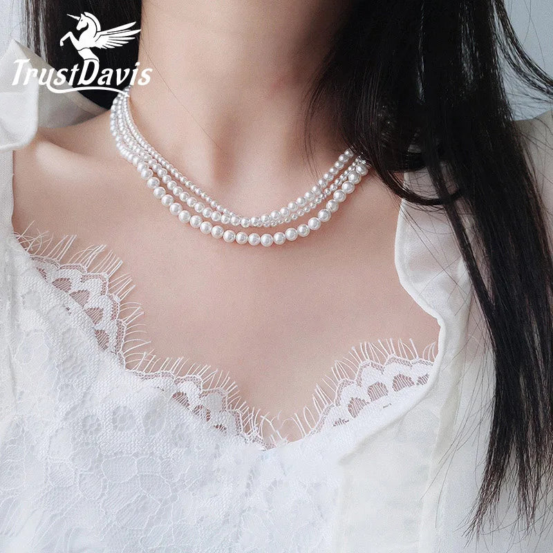TrustDavis 925 Sterling Silver Shell Pearl Necklace For Women