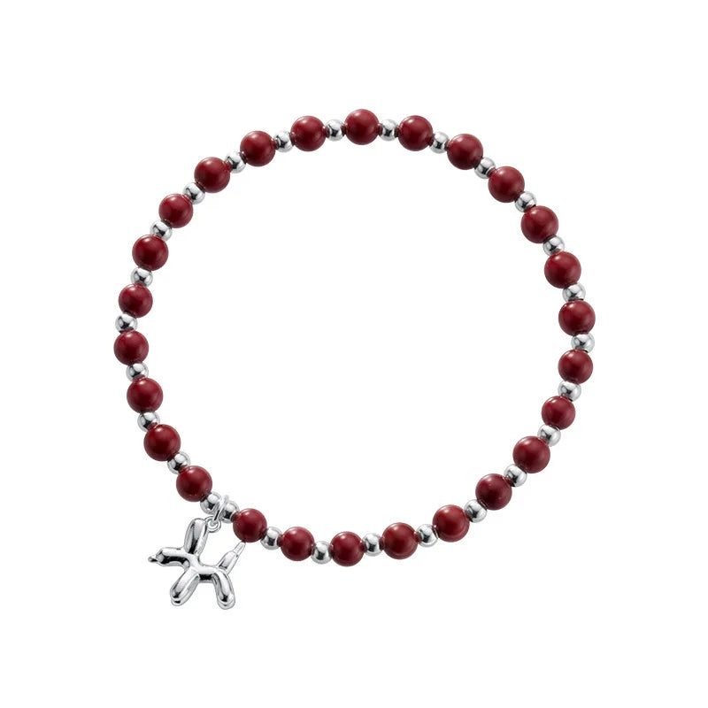 Real 925 Sterling Silver Cinnabar Stone Beads Elastic Balloon Dog Bracelet