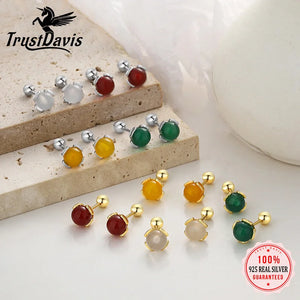 Davis 925 Silver Agate Round Bead Stud Earrings DS4103