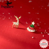 TrustDavis 925 Sterling Silver Asymmetric Christmas Trees Deer Stud Earrings