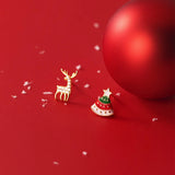 TrustDavis 925 Sterling Silver Asymmetric Christmas Trees Deer Stud Earrings
