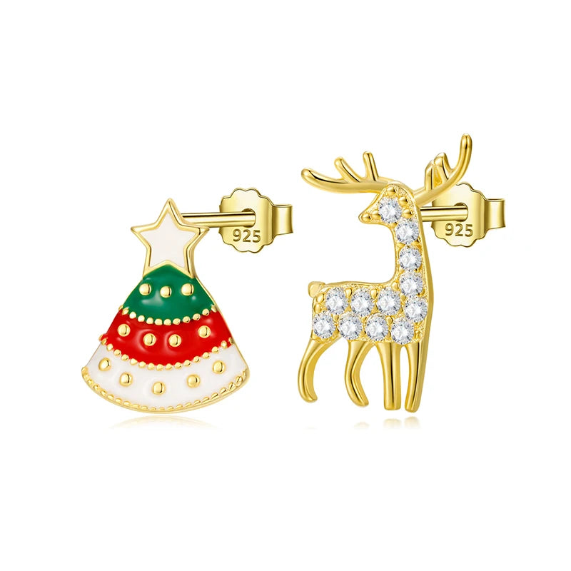 TrustDavis 925 Sterling Silver Asymmetric Christmas Trees Deer Stud Earrings