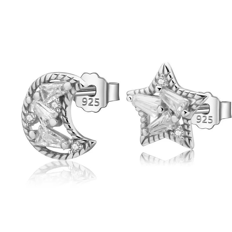 925 Silver Asymmetric Moon Star CZ Stud Earrings For Women