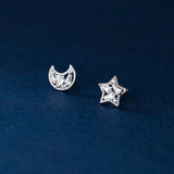 925 Silver Asymmetric Moon Star CZ Stud Earrings For Women