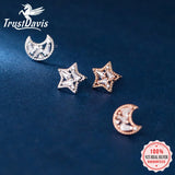 925 Silver Asymmetric Moon Star CZ Stud Earrings For Women