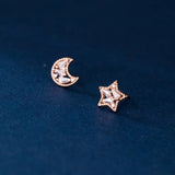 925 Silver Asymmetric Moon Star CZ Stud Earrings For Women