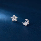 925 Silver Asymmetric Moon Star CZ Stud Earrings For Women