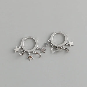 TrustDavis 925 Silver Star Moon Tassel Hoop Earrings
