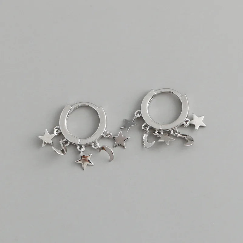 TrustDavis 925 Silver Star Moon Tassel Hoop Earrings