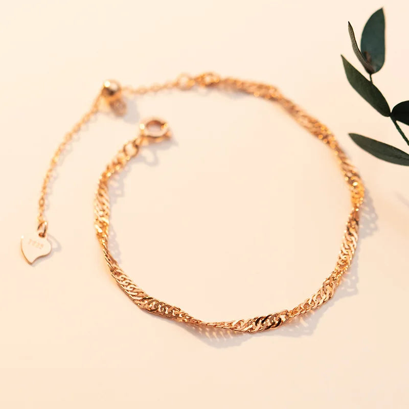 TrustDavis 925 Silver Bracelet Water Wave Chain for Women