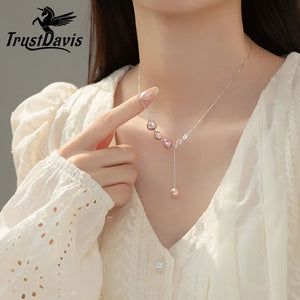 TrustDavis 925 Silver Purple Pearl Pendant Necklace for Women