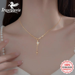 925 Silver Choker Necklace Star Cross Tassel CZ Women Wedding Jewelry