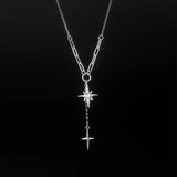 925 Silver Choker Necklace Star Cross Tassel CZ Women Wedding Jewelry