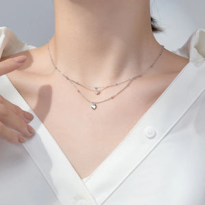 925 Silver Double Beads Chain Star Heart CZ Choker Necklace