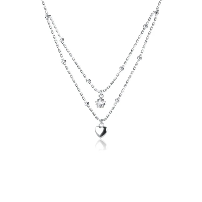 925 Silver Double Beads Chain Star Heart CZ Choker Necklace