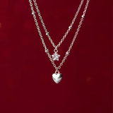 925 Silver Double Beads Chain Star Heart CZ Choker Necklace